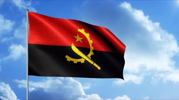 Bandeira realista de Angola acenando animação 3d, loop sem costura. Moção. Tecido de bandeira em movimento vermelho e preto no fundo azul do céu nublado. — Fotografia de Stock