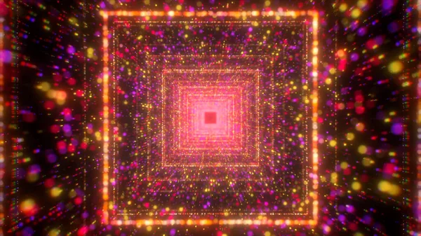 Τεχνολογική σήραγγα με ψηφιακά σωματίδια, λάμπει κόκκινη λάμψη. Κίνηση. Πετώντας μέσα σε ψηφιακό τετράγωνο διάδρομο. — Φωτογραφία Αρχείου