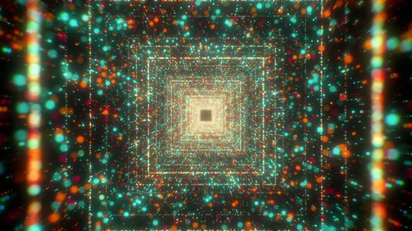 Infinita luce al neon tunnel quadrato di particelle punteggiate incandescenti. Mozione. Cyber tecnologia di sfondo, volando attraverso tunnel magico. — Foto Stock