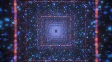 Bilimkurgu teknoloji tüneli, parlak noktalar ve kareler ile döngü içinde hareket edebilen arka plan. Hareket. Sonsuz sihirli bilimsel koridor, kusursuz..