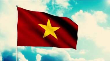 Sarı yıldızlı kırmızı Vietnam bayrağı. Hareket. Mavi bulutlu arka planda bayrak direğinde ulusal bayrak taşıyan parlak animasyon.
