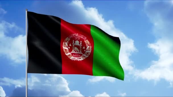 Afganisztán zászlója lobogott a szélben, zökkenőmentes hurkot. Indítvány. Csíkos színes reális zászló szövet és áramló felhők. — Stock videók