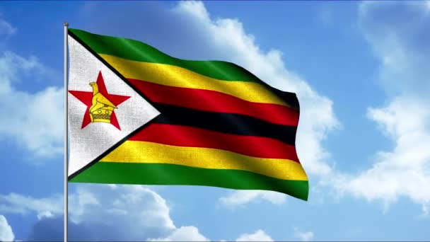 Drapeau du pays Zimbabwe sur fond de ciel bleu avec des nuages coulants, effet 3D. Motion. Drapeau national. — Video