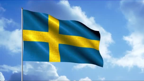 Blå och gul flagga från Sverige. Rörelse. Ljus animation med en nationell flagga på en flaggstång på blå molnig himmel bakgrund. — Stockvideo