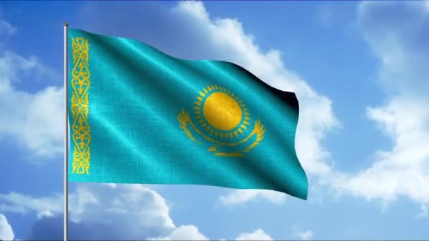 Bandeira do Cazaquistão e verão azul céu nublado, loop sem costura. Conceito de patriotismo, bandeira acenando nacional no céu. — Vídeo de Stock