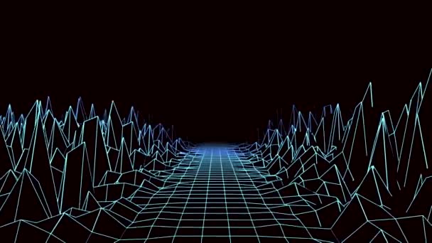 Retmicrowave travelling landscape with moving cliffs. Анимация. Двигаясь вдоль острых скал и вдоль дороги, сетка на черном фоне. — стоковое видео