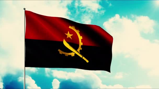 The flag of Angola. Motion. A two-tone flag with a red and black stripe at the bottom on a blue sky background. — Stock Video