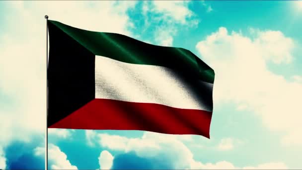 Flaga Kuwejtu. - Wniosek. Czterokolorowa flaga składająca się z bieli, czerwieni, czerni i zieleni na tle jasnego nieba. — Wideo stockowe