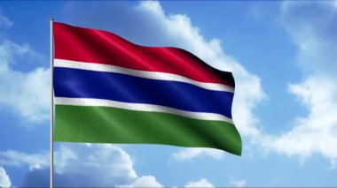 Gambiya bayrağı. Hareket. Parlak mavi gökyüzü arka planında parlak bir ulusal sembol.