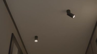 Bir apartmanın koridorunda lambalar olan tavan manzarası. Stok görüntüleri. Duvarlarında resimler olan bir dairenin içinde..