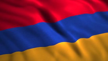 Ermenistan bayrağı. Hareket. Rüzgarda sallanan kırmızı mavi ve turuncu tonlardan oluşan üç renkli bir bayrak.