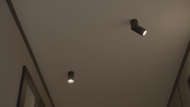 Κάτω όψη της οροφής με λάμπες στο εσωτερικό του διαδρόμου ενός διαμερίσματος. Στικ. Εσωτερικό ενός διαμερίσματος με πίνακες στους τοίχους. — Αρχείο Βίντεο