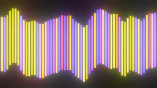 Visualisation minimaliste de l'égaliseur audio ou sonore, lignes vibrantes colorées. Design. Lignes abstraites au néon coloré sur fond noir, concept d'onde sonore. — Video