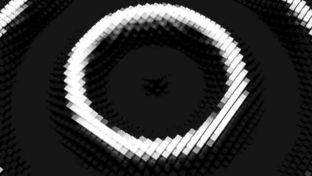 Concepto de búsqueda. Diseño. Patrón pixelado monocromo con anillos blancos estrechos extendidos sobre un fondo negro, bucle sin costuras. — Vídeo de stock