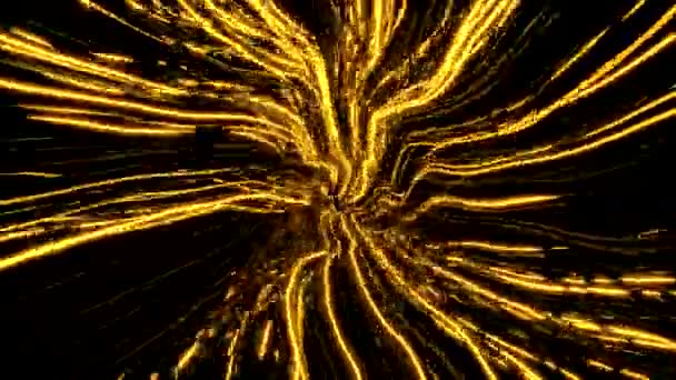 Abstrato dourado flutuando raios solares em torno de um ponto no meio. Desenho. Linhas de espalhamento estreitas amarelas em um fundo preto, loop sem costura. — Vídeo de Stock