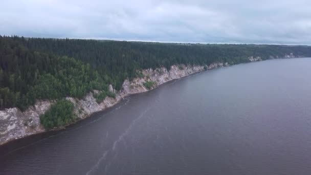 Vista superior da costa rochosa do lago com floresta verde. Clipe. Bela costa selvagem com floresta densa no verão. Lago de costa com densa floresta verde ao horizonte no verão — Vídeo de Stock