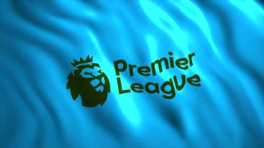 Premier Lig 'in hareketli bayrağının animasyonu. Hareket. Premier Lig futbolunun 3 boyutlu güzel bayrağı. İngiliz Premier Futbol Ligi amblemi taşıyan bayrak
