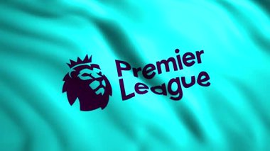 Premier Lig 'in hareketli bayrağının animasyonu. Hareket. Premier Lig futbolunun 3 boyutlu güzel bayrağı. İngiliz Premier Futbol Ligi amblemi taşıyan bayrak