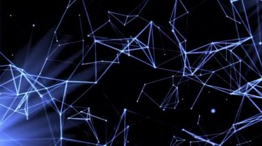 Mavi ve kırmızı arka plan. Hareket. Üzerinde molekül ve dalların bulunduğu çeşitli parçaların arka planda hareket ettiği ve döndüğü parlak bir arka plan..