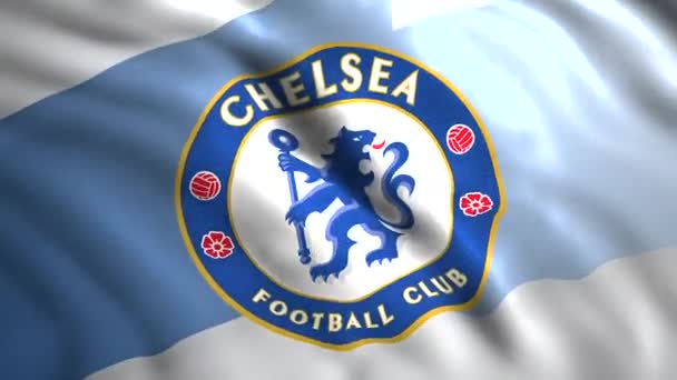 Animation der Fahne mit dem Logo des Fußballklubs. Bewegung. Flagge mit Vereinslogo für Fußballwettkämpfe oder Meisterschaften. Schöner Hintergrund mit der Fahne des FC Chelsea — Stockvideo