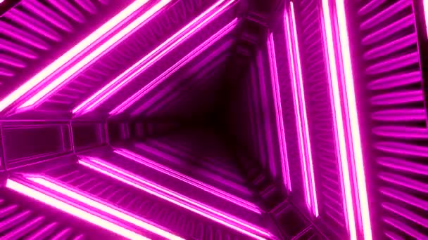 Bilim kurgu dünyasında soyut bükme renkli bir tünel. Tasarım. Pembe neon dönüşlü üçgen şekiller, pürüzsüz döngü. — Stok video