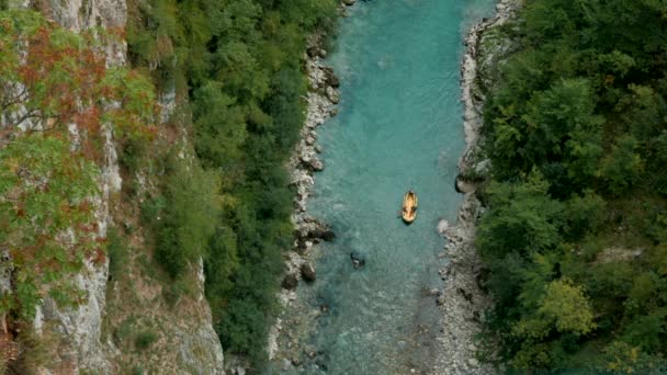 Bovenaanzicht vanuit de lucht op een turquoise rivier en groene struiken. Creatief. Vliegende boot op een bergachtige rivier langs groene bomen. — Stockvideo