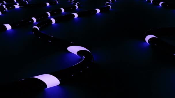 Abstract lilac flying luminous lights of same size along the trajectory of bended snake like black tube. Design. Purple curved stripe with moving lights. — Stock Video