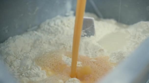 Produktion vid fabriken.Klipp. Äggulan från ägget blandas med mjöl och mals med hjälp av speciella maskiner. — Stockvideo