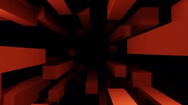 Siyah arkaplan. Tasarım. Parlak kırmızı dikdörtgenler 3 boyutlu formatta soyutlamada kaotik bir sırayla uçar..