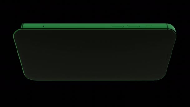 IPhone 13.设计一种明亮的绿色手机，在黑色背景下抽象，向不同方向旋转. — 图库视频影像