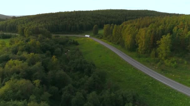 Una lunga strada con le auto. La vista dal drone. Scena. Un paesaggio estivo luminoso con montagne squallide e foresta sullo sfondo accanto a una strada con auto in estate contro un cielo luminoso. — Video Stock