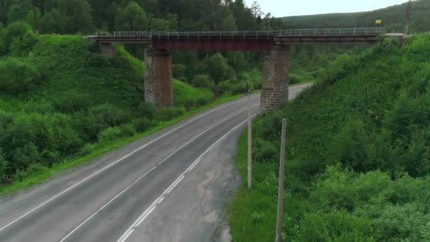 Obrovský zelený letní les. Pohled z ptačího pohledu. Scéna. Dlouhý most vedle pole zelené trávy a stromů, na jehož dně je silnice a po ní jede velký bílý náklaďák. — Stock video