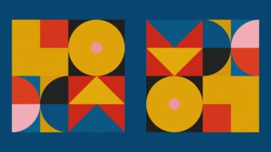  Arka planda parlak bir soyutlama. Hareket. Renk ve boyut değiştiren sarı ve mavi arkaplanda küçük geometrik şekiller.