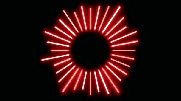Zwarte achtergrond. Ontwerpen. Heldere rode lijnen in de abstractie die eruit zien als een zonneteken schitteren en veranderen van grootte. — Stockvideo