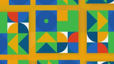  Arka planda parlak bir soyutlama. Hareket. Renk ve boyut değiştiren sarı ve mavi arkaplanda küçük geometrik şekiller.