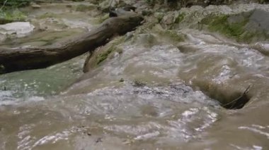 Küçük bir dağ nehri şelaleye dönüşür. - Yaratıcı. Kayalık arazide akan nehir saydamdır.