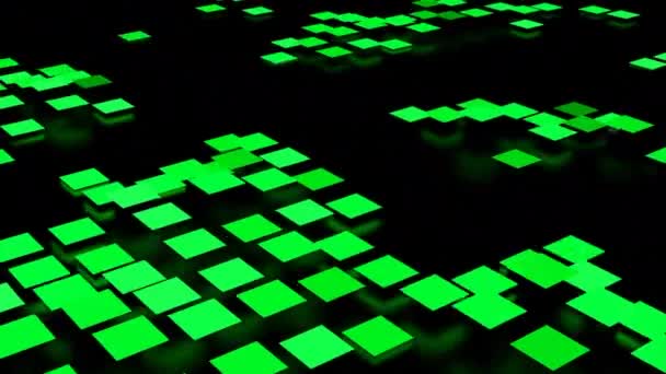 Темний фон. Дизайн. Зелені яскраві квадрати невеликого розміру, які рухаються і стрибають в абстракції. — стокове відео