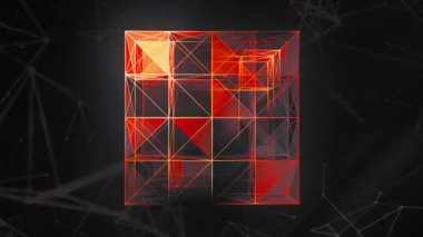 Geometrik küpte doğrusal yapı. Hareket. Renkli çizgiler 3 boyutlu projeksiyonla küp içine monte edilir. Renkli çizgi küpü ve üçgen bağlantı