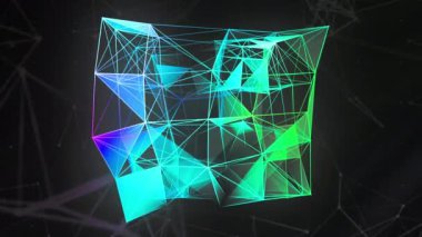 Üç boyutlu küp siluetini dar çizgi ve noktalardan dönüştürüyorum. Hareket. Renkli bir arkaplanda soyut geometrik pleksus figürü.
