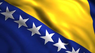 Bosna-Hersek bayrağı. Hareket. Büyük beyaz yıldızlı iki renkli mavi ve sarı çizgili bir bayrak..