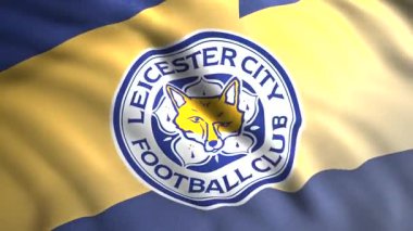 Leicester City FC futbol kulübü logosu olan dalgalı bayrak, kusursuz döngü. Hareket. Dalgalı spor bayrağı ve tilki suratlı. Sadece yazı işleri için..