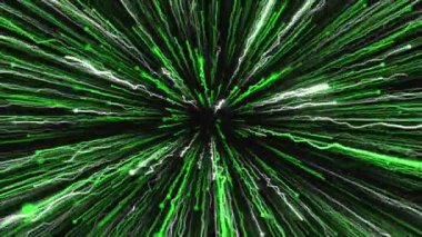 Siyah arka plan. Hareket. Yıldırım kadar parlak görünen mavi, yeşil ve beyaz çizgiler görüntüyü 3 boyutlu olarak indirip tekrar bir araya getiriyor..