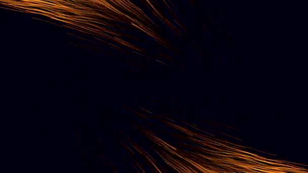 Fondo negro.Motion.Líneas brillantes de color naranja en abstracción hechas como plumas vuelan una enfrente de la otra en diferentes direcciones. — Vídeo de stock