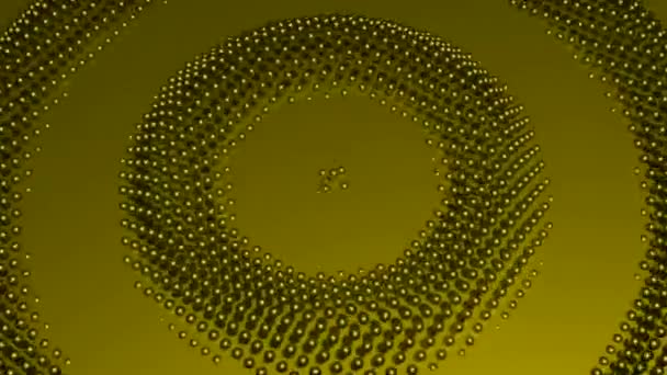 Gele heldere achtergrond.Ontwerp.Heldere cirkeltjes in 3D-formaat oscilleren en rennen naar het centrum en verdwijnen dan. Gemaakt in animatie. — Stockvideo