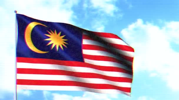 Flagge Malaysias. Bewegung. Eine helle Flagge bestehend aus roten und blauen Streifen und einem Zeichen des Monats und der Sonne auf einem blauen Quadrat in der oberen linken Ecke. — Stockvideo