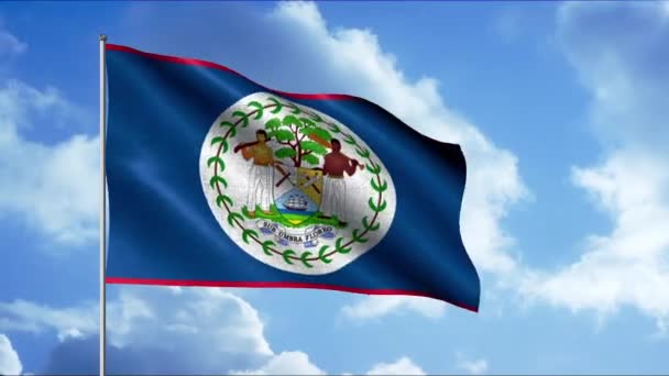 Vlag van Belize. Beweging. Een blauwe vlag in animatie tegen een blauwe lucht achtergrond. — Stockvideo