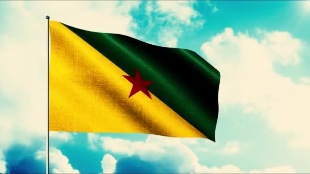 La bandera de la Guina Francesa. Moción. Bandera verde y amarilla con una estrella roja en el medio en la animación. — Vídeos de Stock