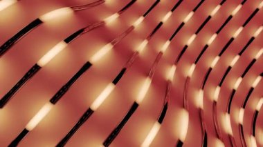 Tüplerin içinde parlak çizgiler hareket ediyor. Tasarım. Yüzeydeki kıvrımlı boruların arka planında parlak darbeler var. Parlak vuruşlar tüpler içinde hareket eder