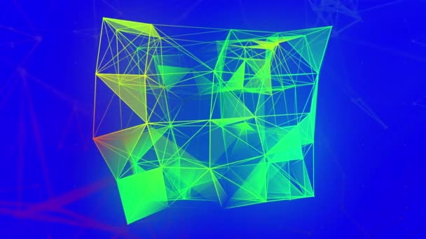 Veel doorschijnend verbonden. randen creëren kubieke vorm in digitale ruimte. Beweging. Kleurrijke gloeiende 3D figuur — Stockvideo