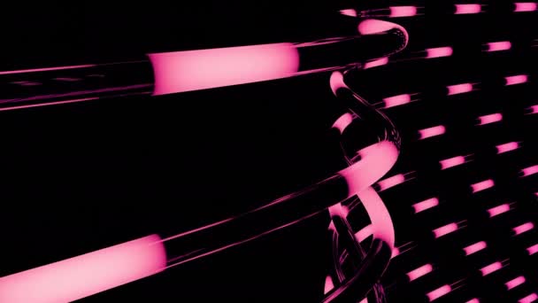 Tubi neri paralleli astratti con luci al neon rosa circondate, anello senza cuciture. Progettazione. Tubi con luci di energia. — Video Stock